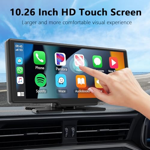 10,26 Pouces Ecran Carplay Voiture avec A-pple Carplay Android Auto sans Fil, Autoradio Bluetooth avec Caméra Avant 4K et Caméra de Recul 1080P HD/FM/AUX/64G TF/Mirror Link/Assistant Vocal/GPS