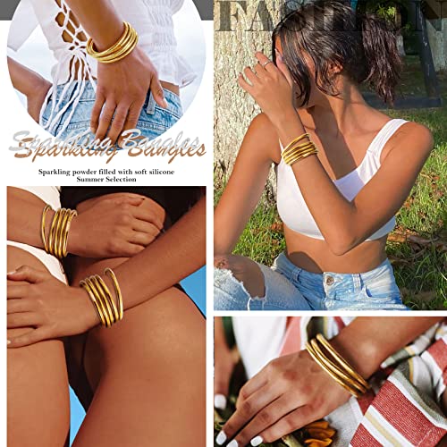 MJartoria Glitter Jelly Bangles Bracelets Set Glitter Filled Jelly Silicone Bracelets for Women (Gold) - Thumbnail 6