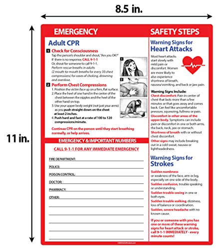 Adult Cpr And Heart Attack And Stroke, Rescue Charts (2 Pack), Quick First Aid Reference Card - 8.5" X 11" Laminated With Magnets - Emergency Numbers List, General Life Saving Information #TOP3