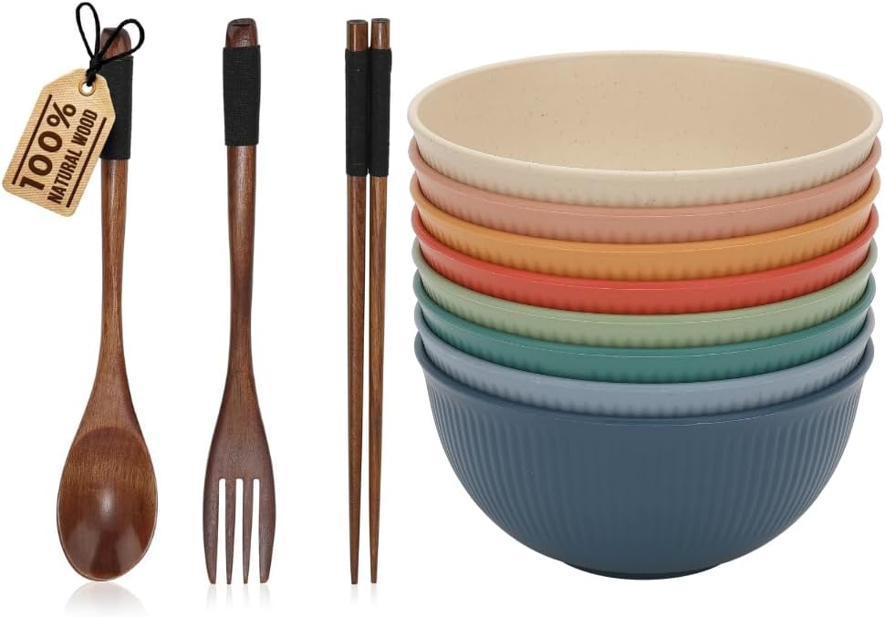 Natural Nanmu Wooden Utensils & Wheat Straw Bowls Set – Eco-Friendly Cutlery with 8 Lightweight, Unbreakable Bowls for Sustainable Dining, Travel Meals, Family Use & Everyday Kitchen Convenience
