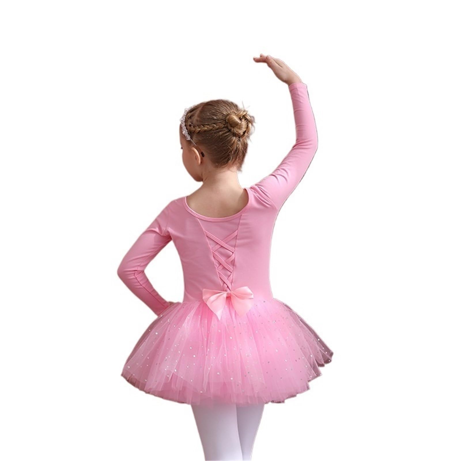 Frauen Ballett Trikot Mädchen Ballett Kleid Gymnastik Trikots Lange Ärmel Tüll Bowknot Skate Tutu Kleid Weihnachten Geburtstag Party Trikot Dancewear(Beige,130)