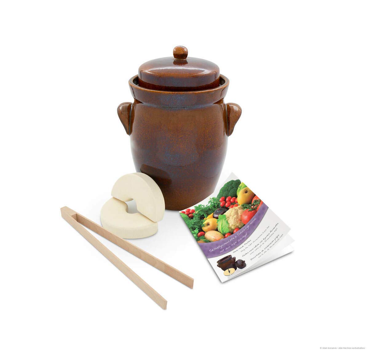 K&K KeramikStoneware Fermentation Pot Set, 5 Litres (Design 2), Includes Lid, Weighting Stone & Tongs