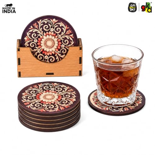 Image of GKD Flower Coasters Wooden Tea & Coffee Coaster Set of 6 with Stand | Heat & Water Resistant Table Coaster for Cups, Mugs & Glasses (Dark Floral)