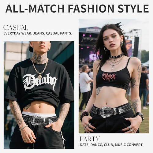 Crystal Studded Genuine Leather Belt Men Punk Rhinestone Bling Black Jeans Western Style4