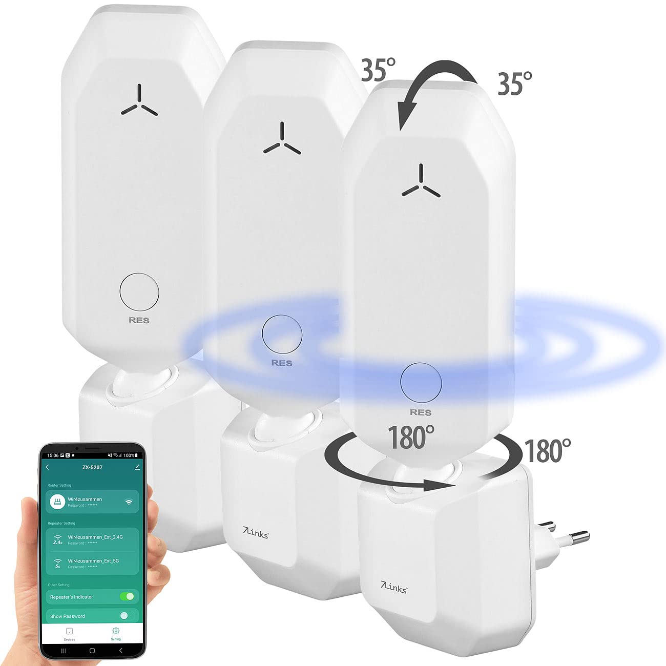 7links Komapkter WLAN-Repeater: 3er-Set WLAN-Repeater mit ausrichtbarer Antenne, App, 300 Mbit/s (MIMO-Antenne, für den Innenbereich, Verstärker Steckdose)