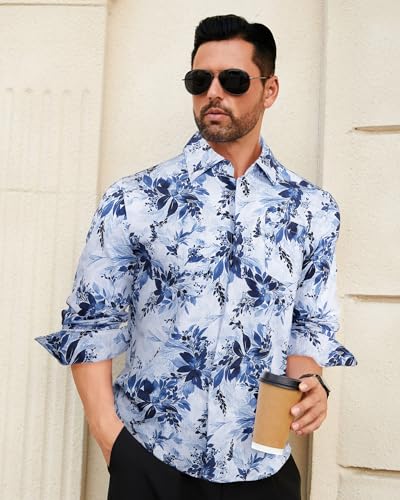 BOJIN Men's Dress Wrinkle-Free Floral Hawaiian Long Sleeve Flower Printed Casual Button Down Shirts with Pocket3