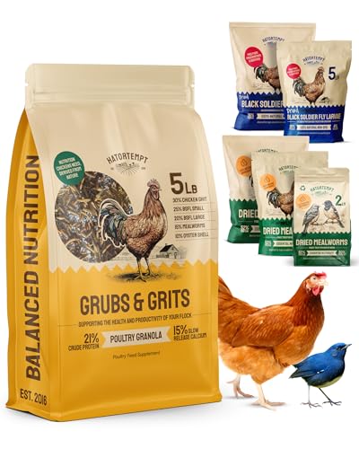 Hatortempt Grubs & Grits Chicken Feed Supplement - 5lb - with Chicken Grit, Mealworms, Black Fly Larvae and Oyster Shells - 21% Protein and 15% Calcium