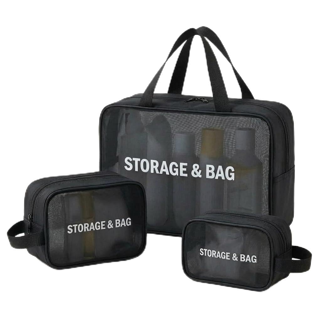 Cosmetic Pouch Case - Pack of 3 Pcs Travel Mesh Makeup Bag with Handle, Transparent Washbag Pouch for Cosmetic, Toiletry Organizer Bag, Portable Toiletry Storage Bag Pouches (Black-)-image-12