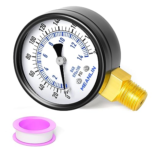 Image of MEANLIN MEASURE 0-200Psi Well Pump Pressure Gauge 1 /4 inch NPT 2 inch FACE DIAL for Air Compressor Air Regulator Water Filter Lower Mount, with Teflon Tape