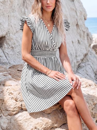 Image of CUPSHE Women's Mini Dress V Neck Flutter Sleeve Striped Smocked Waist A Line Short Summer Cocktail Dress