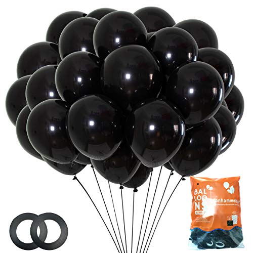 Image of Jonhamwelbor Black Balloons 12 inch 100 Pack Black Latex Metallic Chrome Balloons for Birthday Halloween Graduation Baby Shower Party Decorations (with Ribbon)