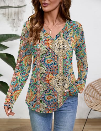 LUYAA Tops for Women V Neck T Shirts for Women Work Blouse Long Sleeve Shirts Women's Business Casual Clothing Boho Floral L3