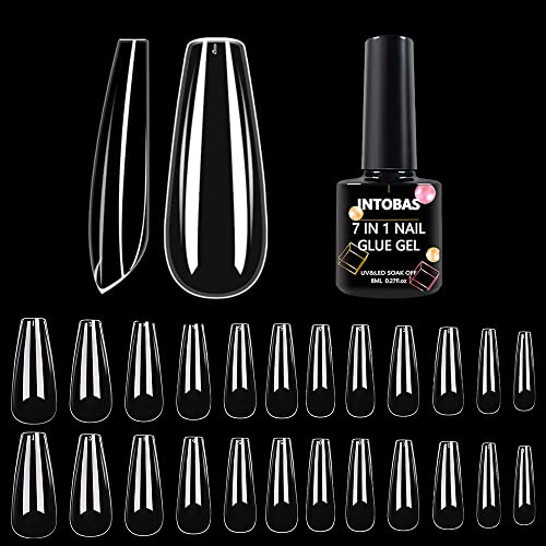 INTOBAS Nail Kit De Tips Uñas Gel Con Pegamento, 504 Piezas Uñas Postizas,10 Tamaños Puntas De Uñas Transparentes, Tips Uñas Acrilicas Postizas Cobertura Completa, Gel Uñas UV 7 en 1 Para Nail Art 8ml Cover