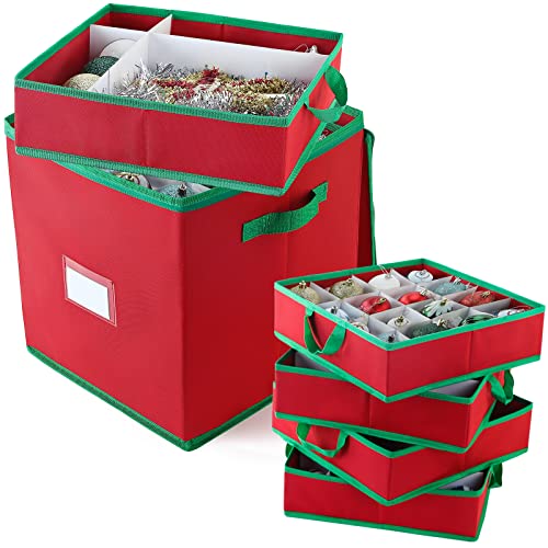 Christmas Ornament Storage Box Holiday Decoration Organizer, Holds Up To 64 Ornaments Decoration Balls, Holiday Ornaments & Xmas Accessories With Adjustable Dividers, Zippered Closure, 4 Removable Trays, 600D Oxford, 13.38"L X 13.38"W X 15.2"H #TOP15