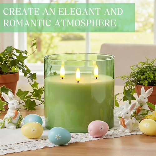 Image of Retisee 6'' x 6'' Extra Large Flameless Candles, 3 Wick Glass Large Fall Candles with Remote Control and Timer Function, Real Wax LED Pillar Flickering for Autumn Party Decor(Classic,Green,1 Pcs)