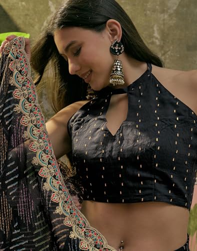 Image of SIRIL Women's Chiffon Scalloped Border Sequins Embroidery Saree with Unstitched Blouse Piece