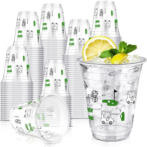 Qinyoung 100 Pcs Golf Party Supplies Bulk Clear Plastic Cups 12oz Disposable Lets Par-tee for Home Sports Golf Ball Themed Birthday Bachelor Party Supplies Favors (Black White)