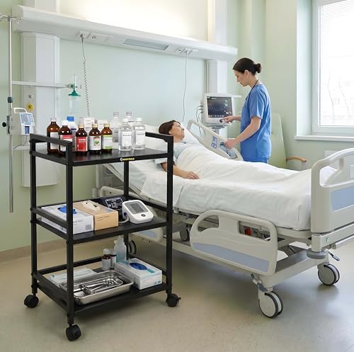 Image of 4-Tier Heavy-Duty Metal Medical Storage Trolley | Movable Utility Cart with Wheels for Clinic, Hospital & Home Use | Multipurpose Rack for Medicines, Gloves & Equipment (Black)