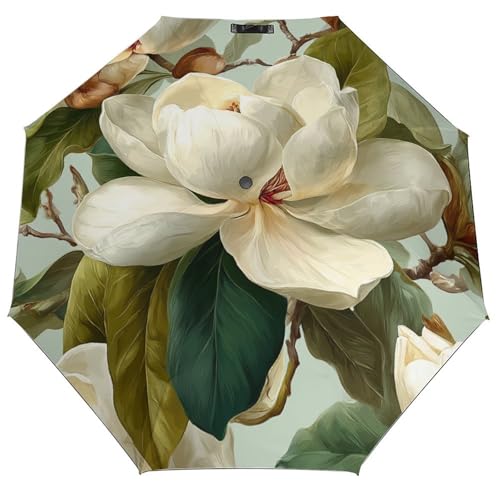 Grand parapluie pliant contre la pluie avec motif magnolia blanc protecteur