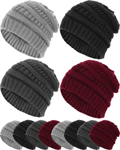 Jecery 12 Pack Slouchy Beanie Bulk Winter Warm Knitted Cable Knit Hats Soft Beanies Thick Solid Winter Cold Weather Hat Trendy Ribbed Chunky Accessories Warm Skiing Beanies for Unisex Women and Men,