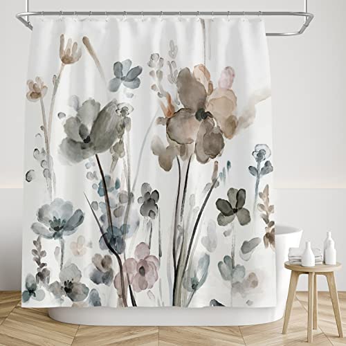 Flower Shower Curtain Set Modern Floral Shower Curtains Cream White Grey Botanical Farmhouse Fabric Shower Curtains For Bathroom Home Hotel Plants Curtains For Bathtube 72 X 72 Inches With Hooks #TOP1