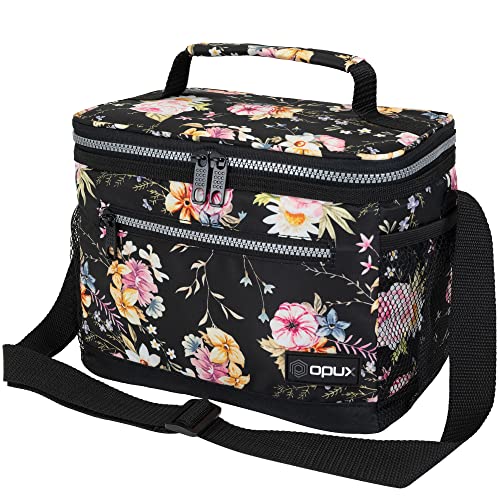 Opux Insulated Lunch Box For Women Men, Leakproof Thermal Lunch Bag For Work, Reusable Lunch Cooler Tote, Soft School Lunch Pail For Kids With Shoulder Strap, Pockets, 14 Cans, 8L, Floral Black #TOP29