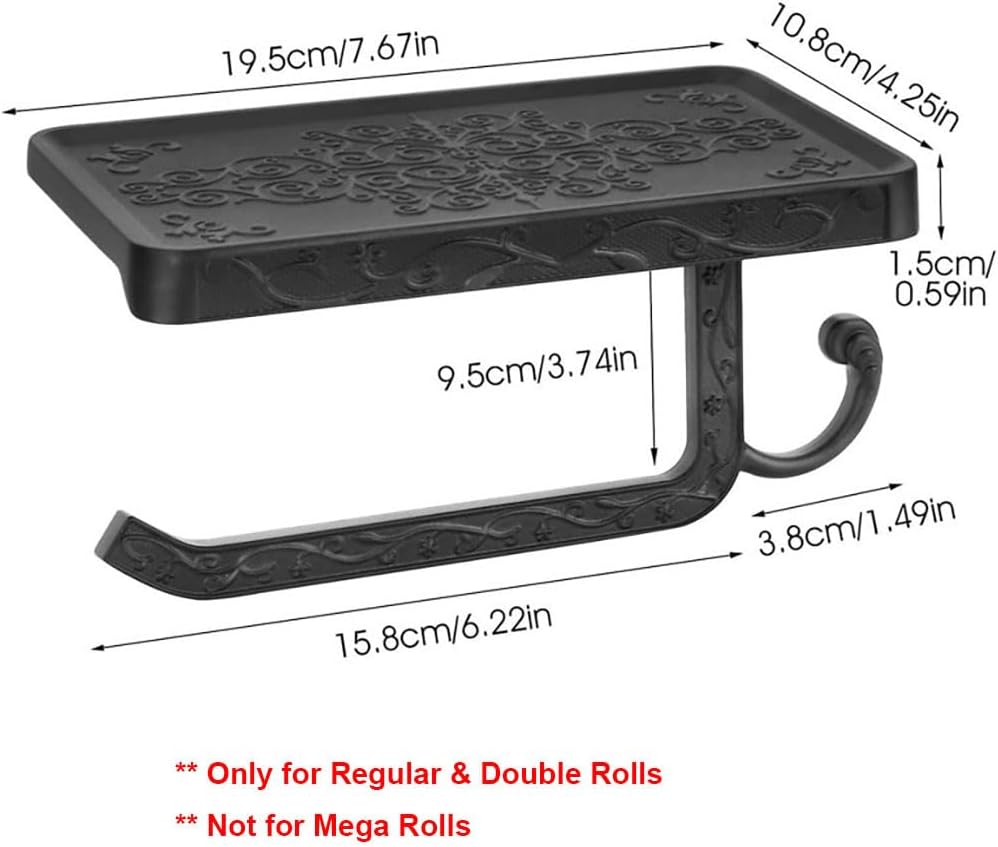 Vintage Toilet Paper Holder Wall Mount Toilet Roll Holder with Shelf and Hook Bronze Antique Bathroom Accessories Toilet Tissue Roll Holder Hanger Aluminum Material (Black)