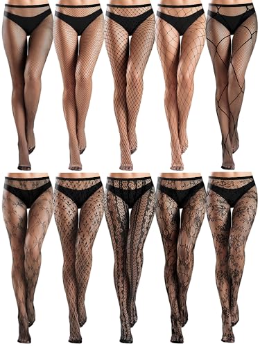 Image of Ramede 10 Pairs Fishnet Tights Women Lace Mesh Stockings High Waist Thigh High Patterned Fish Net Tights