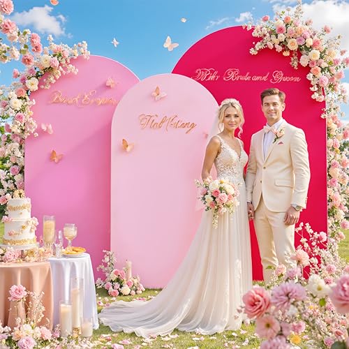 Image of Gradient Pink Arch Backdrop Cover Set of 3 (7.2ft, 6.6ft, 6ft), Ombre Hot Baby Blush Pink Chiara Frame Covers, Spandex Wrinkle-Free Fabric for Girl Birthday Party Decor (No Stand)
