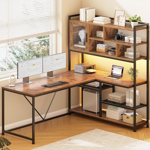 SEDETA L Shaped Computer Desk, 58'' Office Desk with LED Light and Bookshelf, L Shaped Corner Desk with Storage Shelves for Home Office, Gaming Desk,