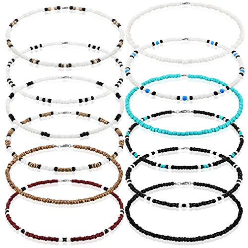 Yinkin 12 Pcs Puka Shell Necklace Beach Surfer Beaded Necklace Summer Surfer Chokers for Men Women Jewelry