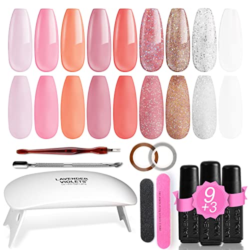 Lavender Violets 19 Pcs Gel Polishes Holidays Gift Set With Portable LED Nail Lamp Dryer Soak Off UV Base,Matte n No Wipe Top Coat Nail File Golden Sliver Sticker Manicure Tools R960A