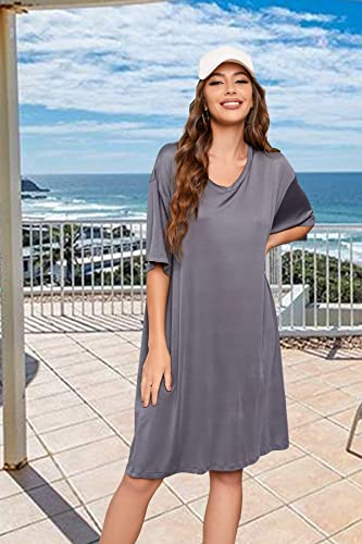 Image of ft FENTENG 2-Pack Women's Nightgowns Short Sleeve Nightshirt V Neck Soft Sleepwear Casual Sleepshirts Loose Pajama Dress