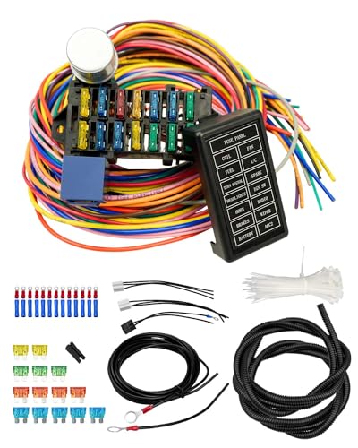 QNHEAY 14 Circuit Universal Wiring Harness Fit for Street Muscle Car Hot Rod Rat XL Chevy Ford Chrysler Mopar Comes with 24-pcs 12V Fused Copper Wire Harness Cable Set