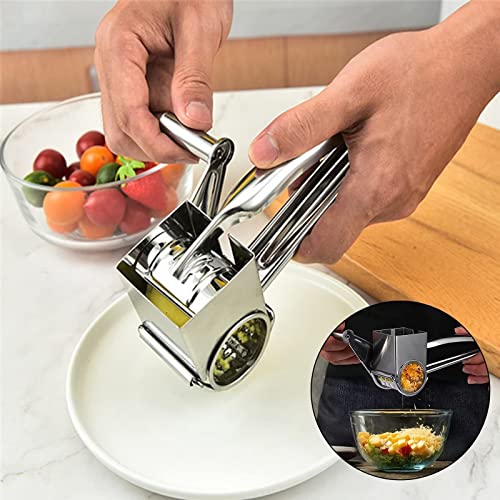Foto von Käsereibe mit Kurbel, Käsereibe Drehbare, Käsereibe Edelstahl, Käsemühle Trommelreibe Manuelle mit 4 Abnehmbaren Trommelblättern, Gemüsehobel für Müheloses Reiben Käse Nüsse Silber