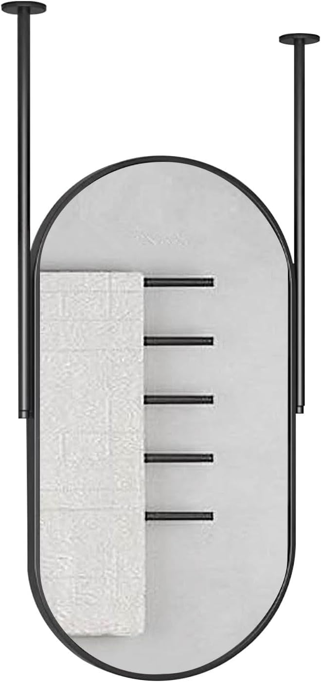 Miroir ovale suspendu pour salle de bain moderne avec fixation plafond noire 40x70