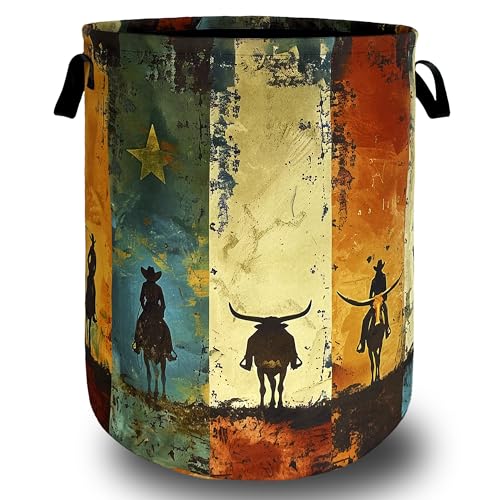 Image of Western Cowboy Laundry Basket Oxford Cloth Hamper 18.9x16.5 Inch | Foldable With Handle Tote Bag Colorful Laundry Hamper Clothes Storage Bucket Toy Organizer For Bathroom /Laundry /Bedroom