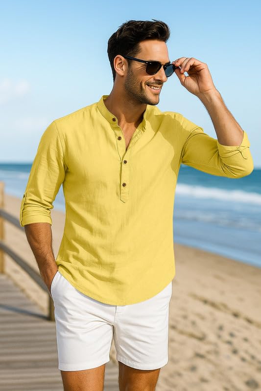 Image of Macsivo Men's Cotton Blend Solid Short Kurta with Mandarin Collared Full Sleeve Drawstring Stylish Straight Length | Kurta for Men Stylish