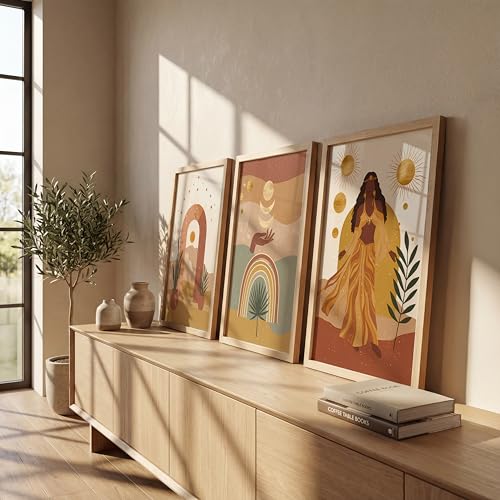 Image of NoWorries Boho Abstract Wall Art Framed Painting Set of 3 | Sun Moon Rainbow Woman Illustration Printswith Frame | Modern Aesthetic Bohemian Wall Decor Frames for Living Room, Bedroom and Office | Neutral Earth Tone Framed Artwork Ready to Hang (Art-3, 13x19inch, Wooden)