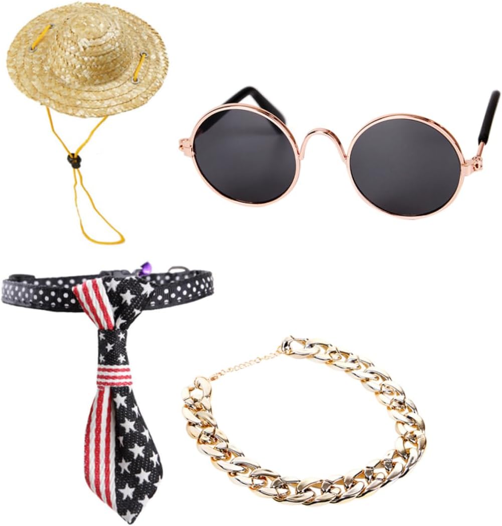 Didiseaon 12pcs Vintage Pet Jewelry Stylish Sunglasses Straw Hat Chain Necklace Tie for Dogs and Cats for Parties Photos and Special Occasions