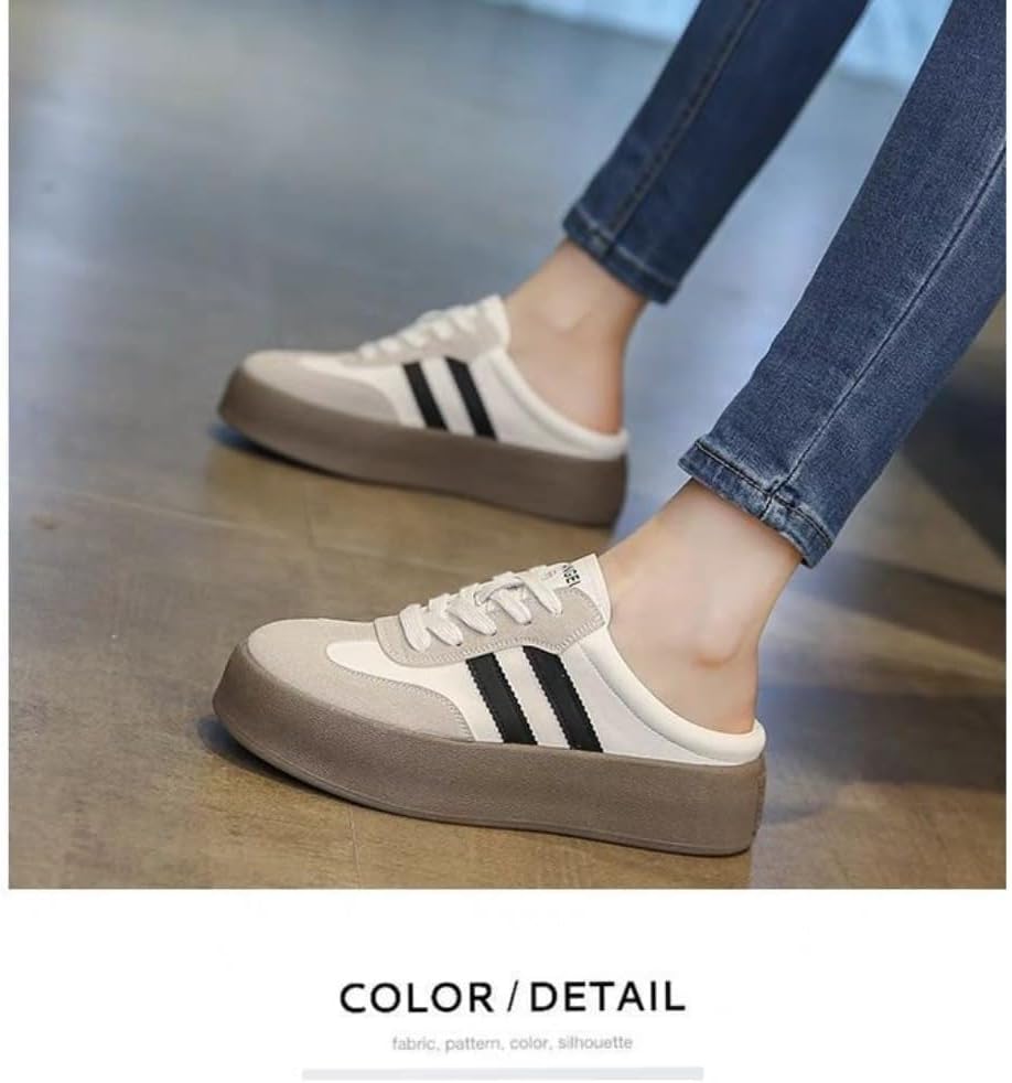Backless Tennis Shoes for Women Wide Mule Sneakers Slip on Backless Sneakers Platform Canvas Mules Non Slip Chunky Thick Sole Lace Up Breathable Mesh Casual Walking Slides Lightweight Round Toe Girl - Image 6