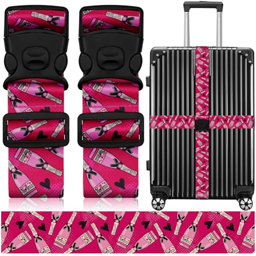 Image of 2 Pack Luggage Straps for Suitcases, Adjustable Travel Belt with Double Lock and Quick Release Buckle, Heavy Duty Nylon Bag Packing Strap, Bright Identifiers Business Travel Accessories-Pink Bottles