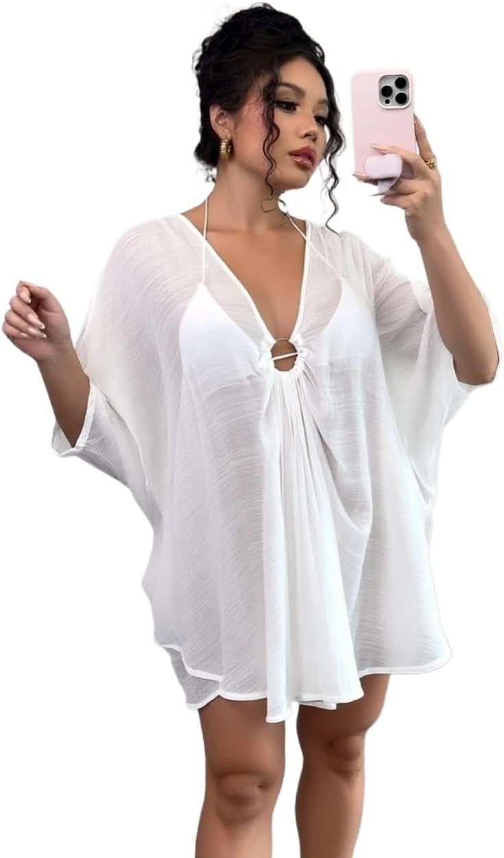 Womens Summer Beach Ring Batwing Sleeves Cover Up Dress cover ups for swimwear