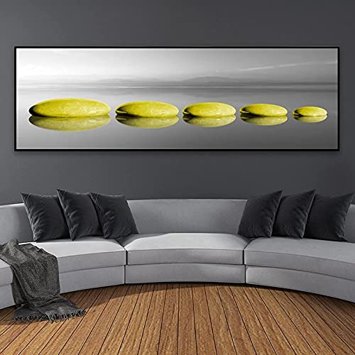 Toile peinture abstraite moderne gris jaune salon tableau affiche grand format 70x210