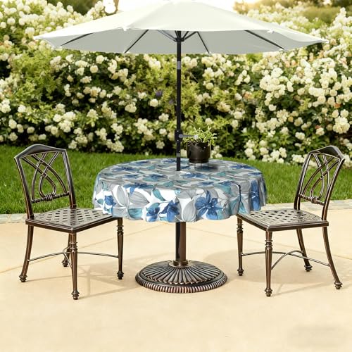 LVTXIII Outdoor Tablecloth with Umbrella Hole and Zipper, 60 Inch Water-Repellent Patio Table Cloth, Round Table Covers for Backyard Garden, Clemens Noir Blue by LVTXIII - Used condition - Image 6