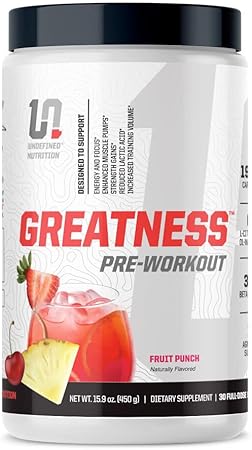 Undefined Nutrition Greatness Pre-Workout by Brian Shaw – Fruit Punch (30 Servings) – 6 g Citrulline Malate & 3.2 g Beta Alanine for Better Pumps, Energy, Focus and Strength for Men & Women