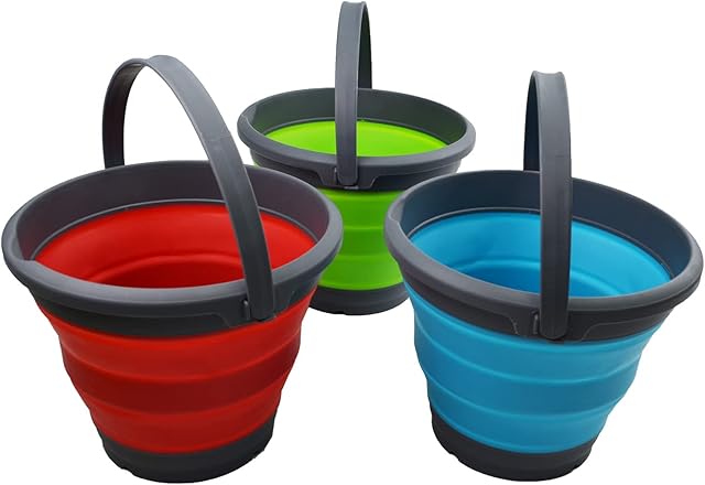 SAMMART 5.5L Set of 3 Collapsible Plastic Bucket - Foldable Round Tub - Portable Fishing Water Pail - Space Saving Outdoor Waterpot. (Turguoise & Green & Crimson)