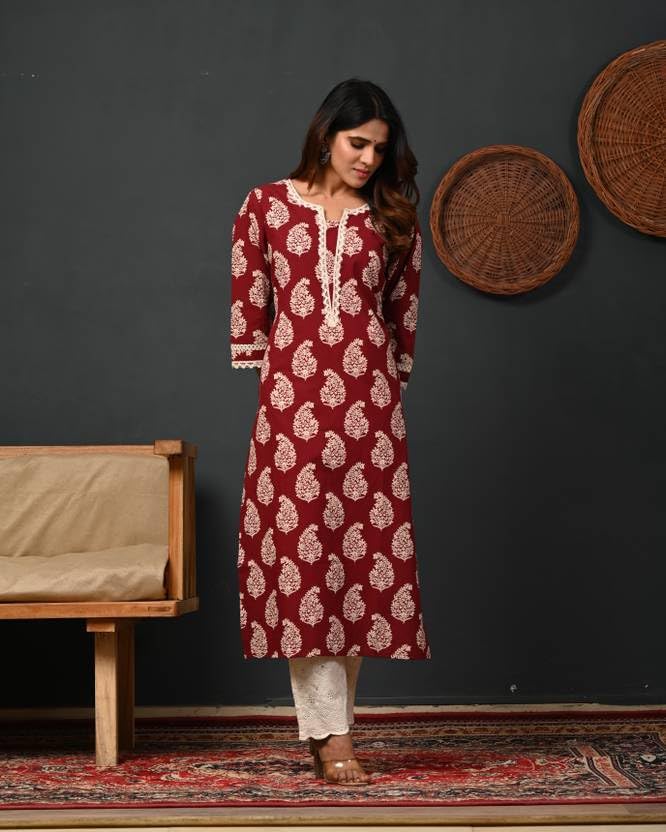Image of FIRSTRAIN Women Cotton Straight Printed Kurti | Soft Breathable Kurta for Office & Casual Use | | Trendy Festive & Regular Wear Cotton Kurti
