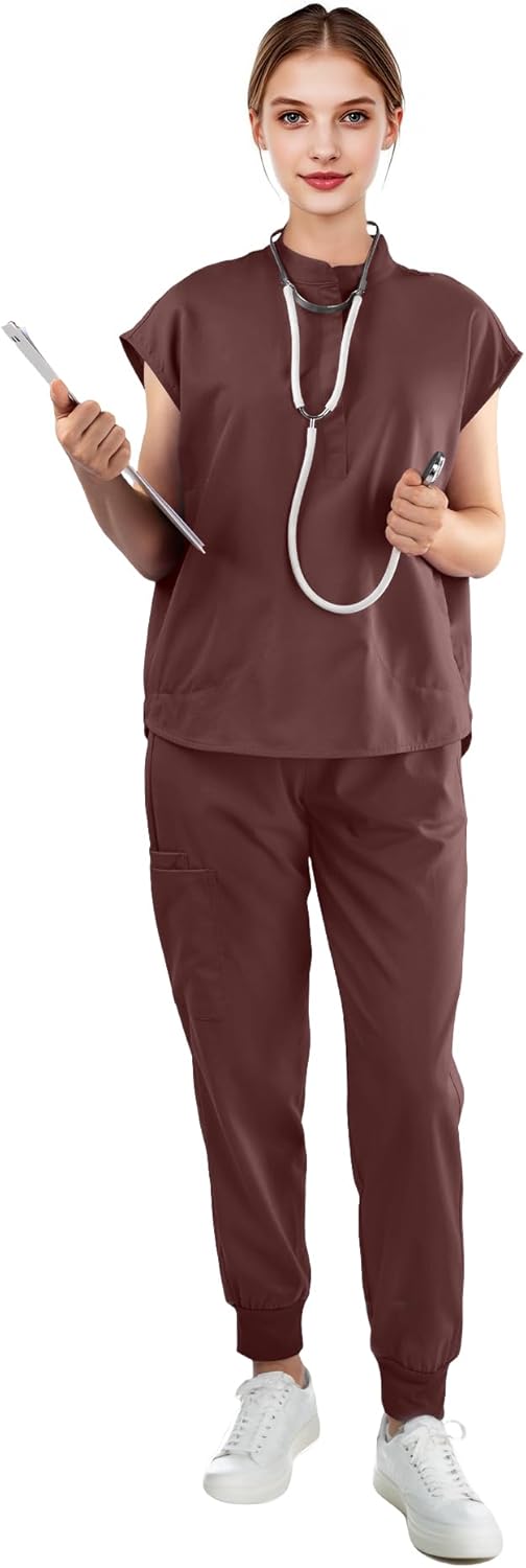 Scrubs for Women Set - with Sleeveless Stand-Up Collar Scrub Top & Jogger Scrub Pants, 8-Pocket Design - Image 3
