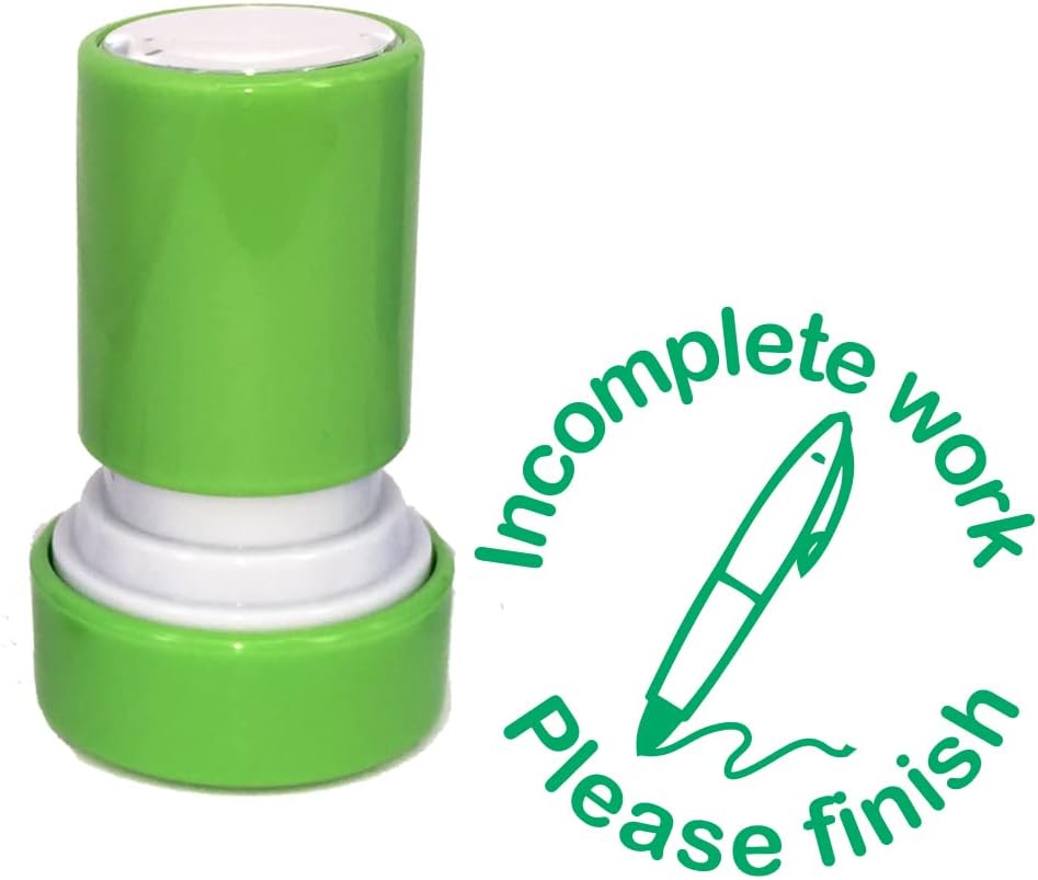 Incomplete Work, Please Finish Teacher Stamp. Self-Inking, 22mm, Reinkable, Quality Stamper for Marking. Green Ink